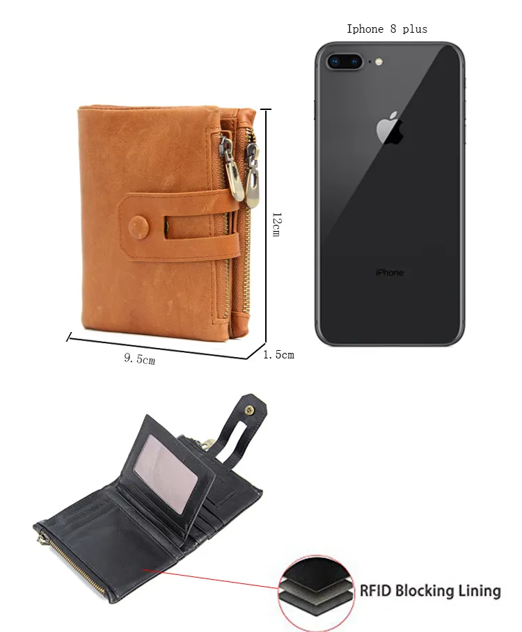 2021 New Arrival Waterproof Crazy Horse Genuine Leather Money Clip RFID Blocking Custom Embossed Logo Slim Zippered Men′s Wallet