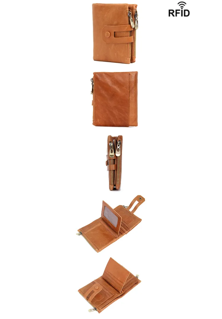 2021 New Arrival Waterproof Crazy Horse Genuine Leather Money Clip RFID Blocking Custom Embossed Logo Slim Zippered Men′s Wallet