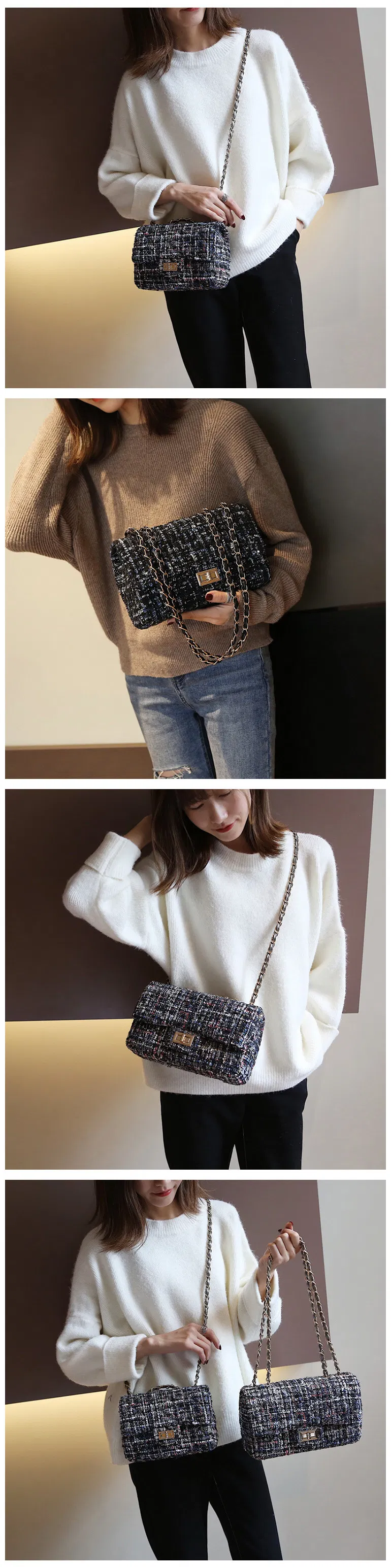 Autumn and Winter New Plaid Woolen Bag Female One-Shoulder Messenger Bag with Chain