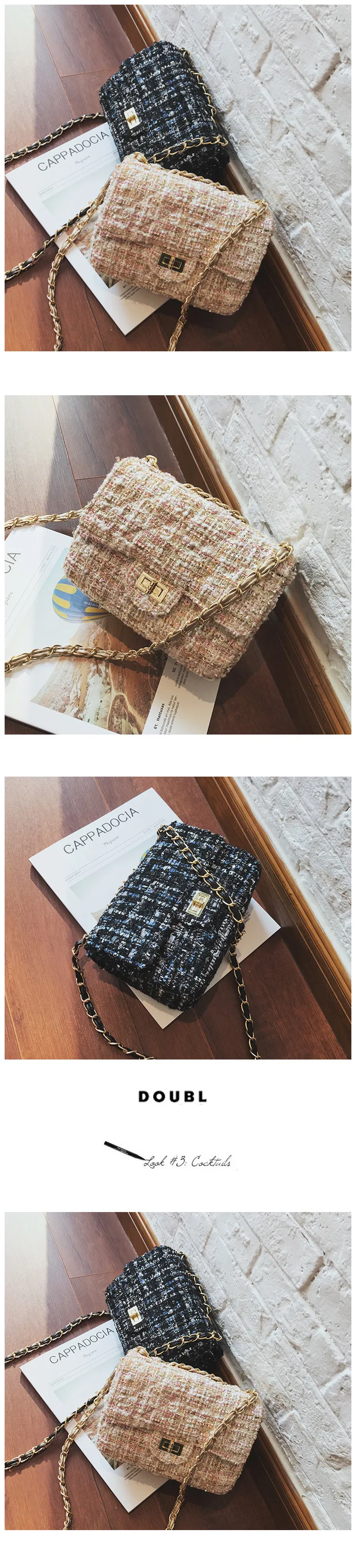 Autumn and Winter New Plaid Woolen Bag Female One-Shoulder Messenger Bag with Chain