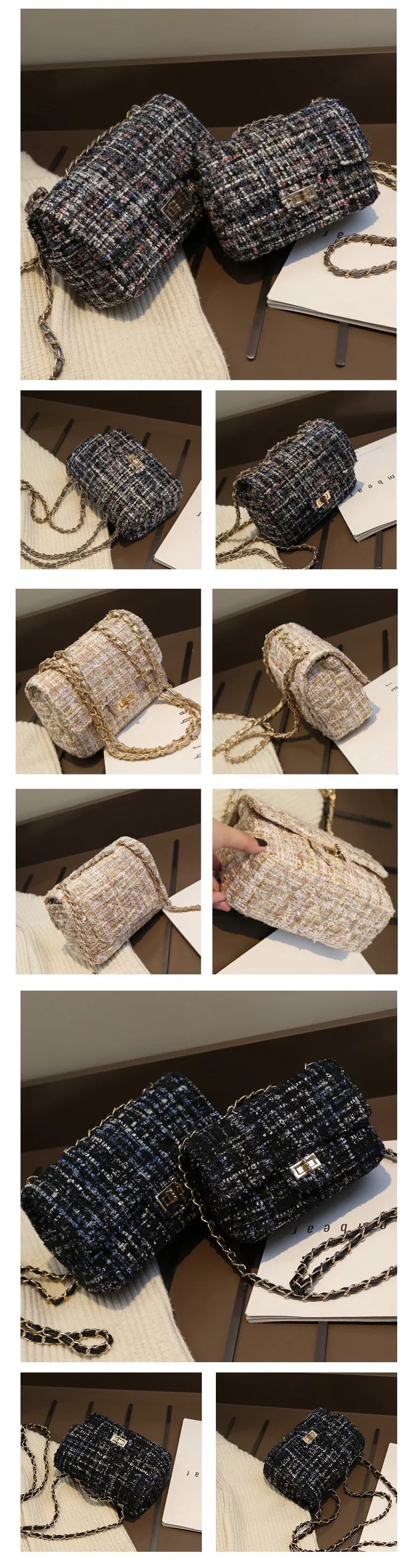 Autumn and Winter New Plaid Woolen Bag Female One-Shoulder Messenger Bag with Chain