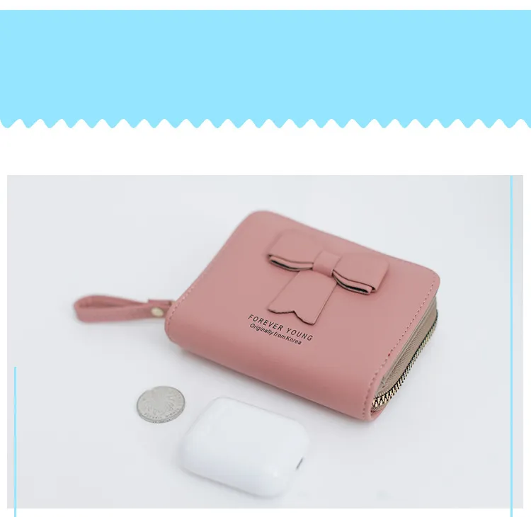 Customized Brand Designs Women Fake PU Leather Wallets Lady Card Holder Classic Purse Mini Short Zipper Wallet for Girls with Bow