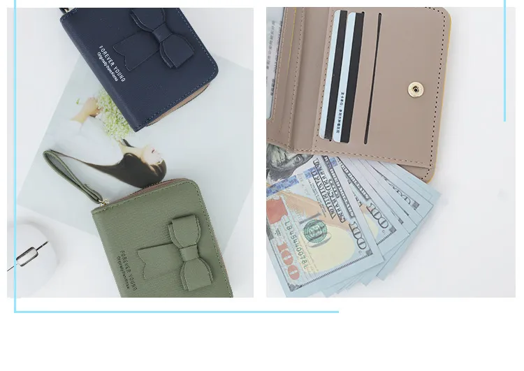 Customized Brand Designs Women Fake PU Leather Wallets Lady Card Holder Classic Purse Mini Short Zipper Wallet for Girls with Bow