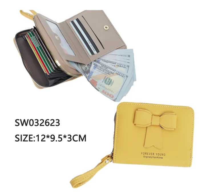 Customized Brand Designs Women Fake PU Leather Wallets Lady Card Holder Classic Purse Mini Short Zipper Wallet for Girls with Bow