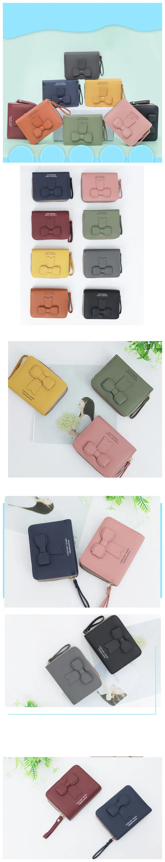 Customized Brand Designs Women Fake PU Leather Wallets Lady Card Holder Classic Purse Mini Short Zipper Wallet for Girls with Bow
