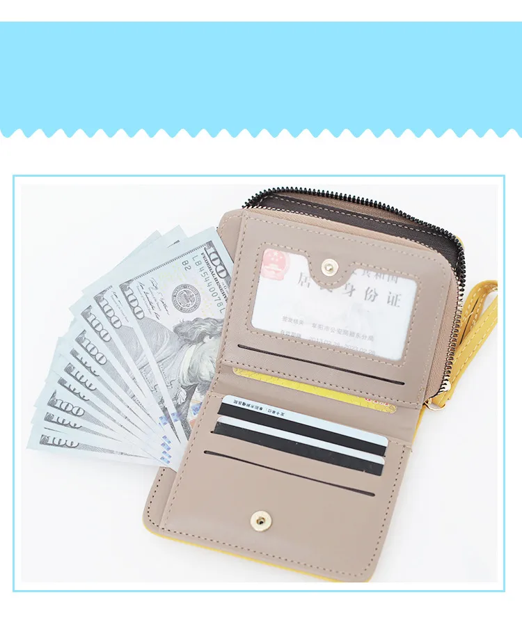 Customized Brand Designs Women Fake PU Leather Wallets Lady Card Holder Classic Purse Mini Short Zipper Wallet for Girls with Bow