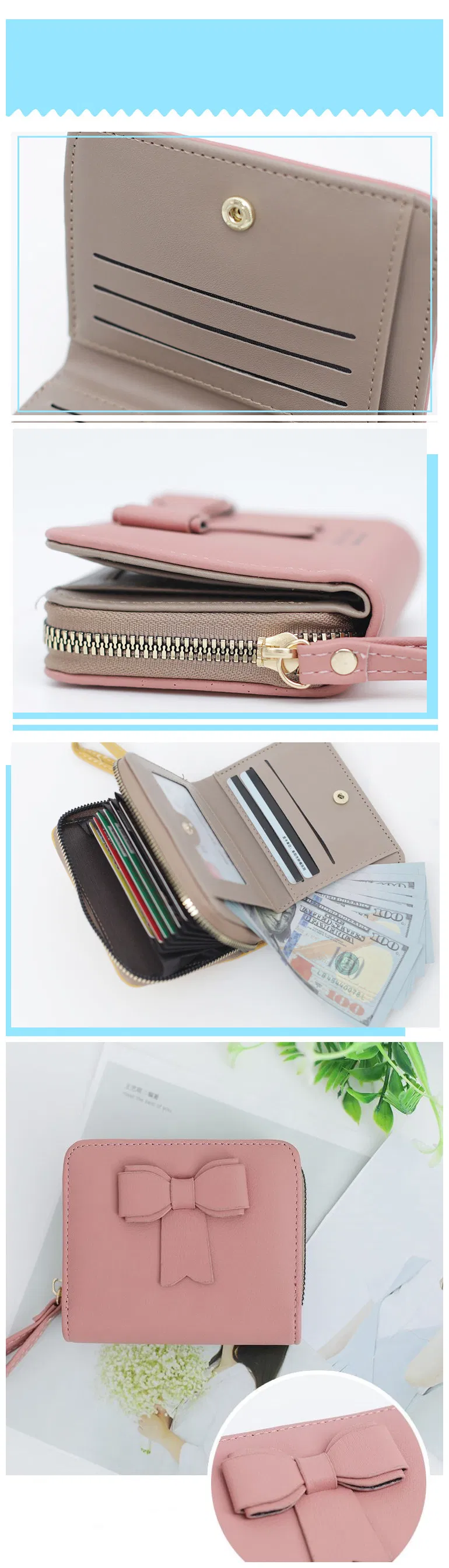 Customized Brand Designs Women Fake PU Leather Wallets Lady Card Holder Classic Purse Mini Short Zipper Wallet for Girls with Bow