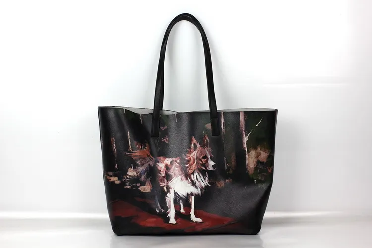 Emg6175 Black Genuine Leather Tote Bag Digital Print Fashion Women Zipper Wolf Printed Bags Custom Logo