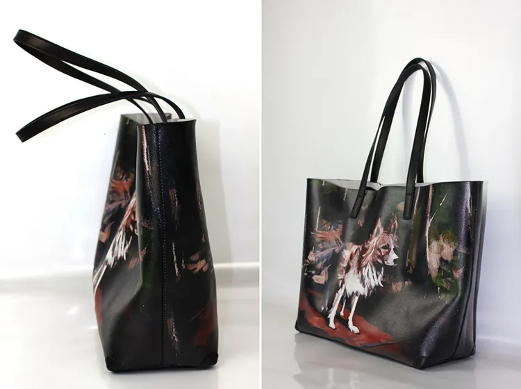 Emg6175 Black Genuine Leather Tote Bag Digital Print Fashion Women Zipper Wolf Printed Bags Custom Logo