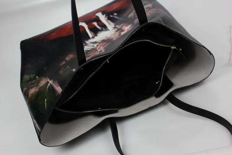 Emg6175 Black Genuine Leather Tote Bag Digital Print Fashion Women Zipper Wolf Printed Bags Custom Logo