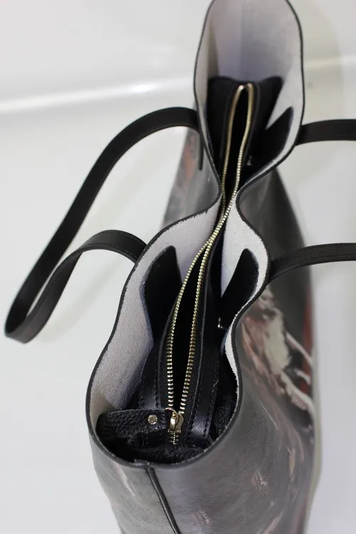 Emg6175 Black Genuine Leather Tote Bag Digital Print Fashion Women Zipper Wolf Printed Bags Custom Logo