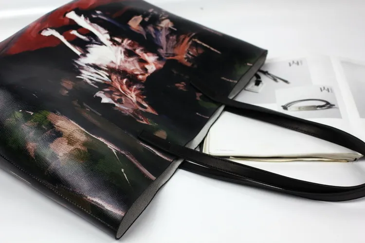 Emg6175 Black Genuine Leather Tote Bag Digital Print Fashion Women Zipper Wolf Printed Bags Custom Logo