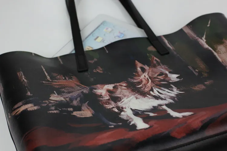 Emg6175 Black Genuine Leather Tote Bag Digital Print Fashion Women Zipper Wolf Printed Bags Custom Logo