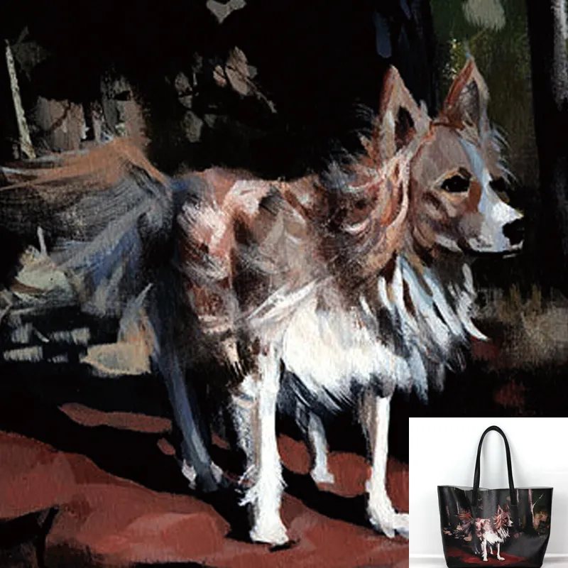 Emg6175 Black Genuine Leather Tote Bag Digital Print Fashion Women Zipper Wolf Printed Bags Custom Logo