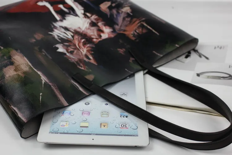 Emg6175 Black Genuine Leather Tote Bag Digital Print Fashion Women Zipper Wolf Printed Bags Custom Logo