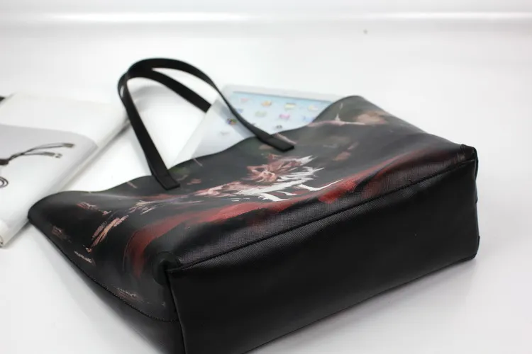 Emg6175 Black Genuine Leather Tote Bag Digital Print Fashion Women Zipper Wolf Printed Bags Custom Logo