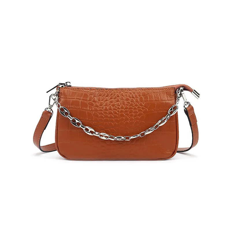 Fashionable Cross-Body Women Genuine Leather Handbag with Crocodile Striped