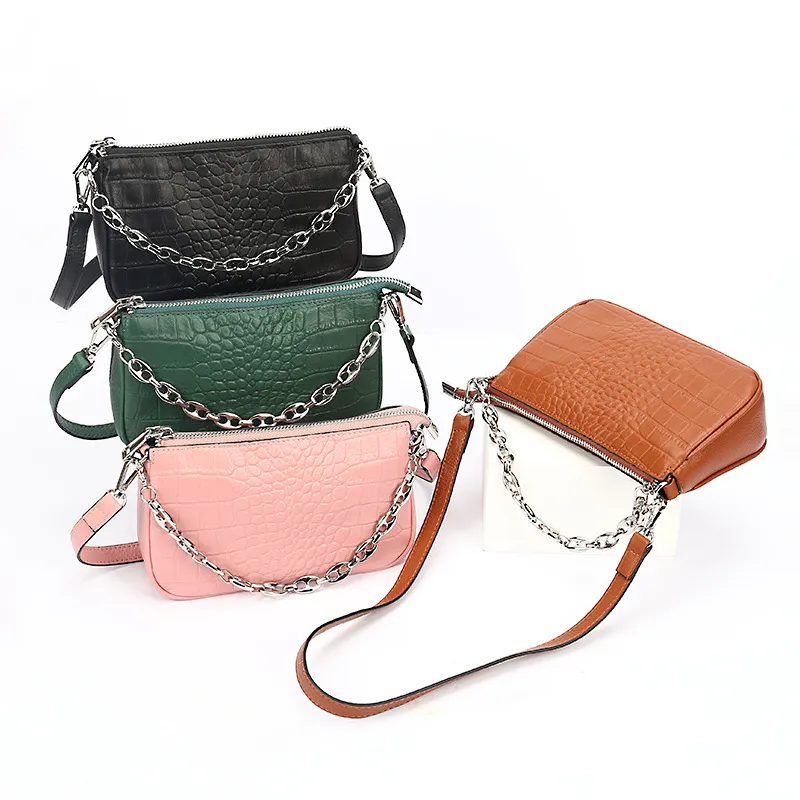 Fashionable Cross-Body Women Genuine Leather Handbag with Crocodile Striped
