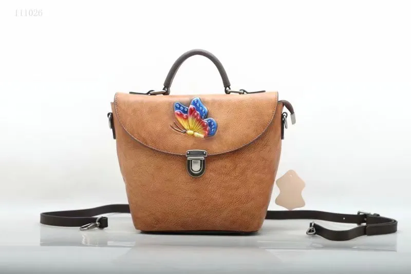 Imported Tanned Leather Japanese and Korean Style Classic Retro Butterfly Embossed Fashion Bucket Bag (F111026)