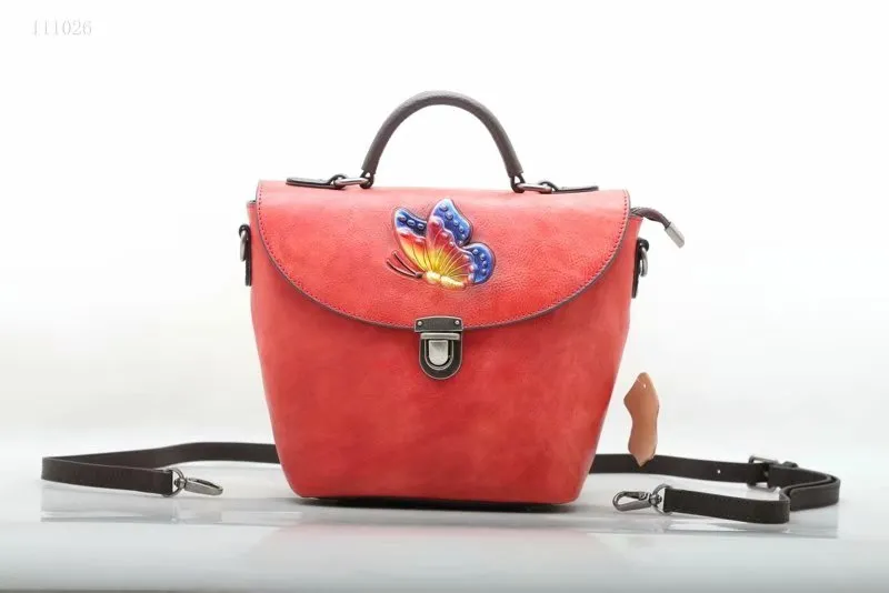 Imported Tanned Leather Japanese and Korean Style Classic Retro Butterfly Embossed Fashion Bucket Bag (F111026)