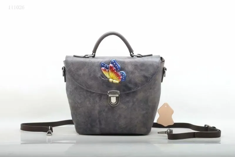 Imported Tanned Leather Japanese and Korean Style Classic Retro Butterfly Embossed Fashion Bucket Bag (F111026)