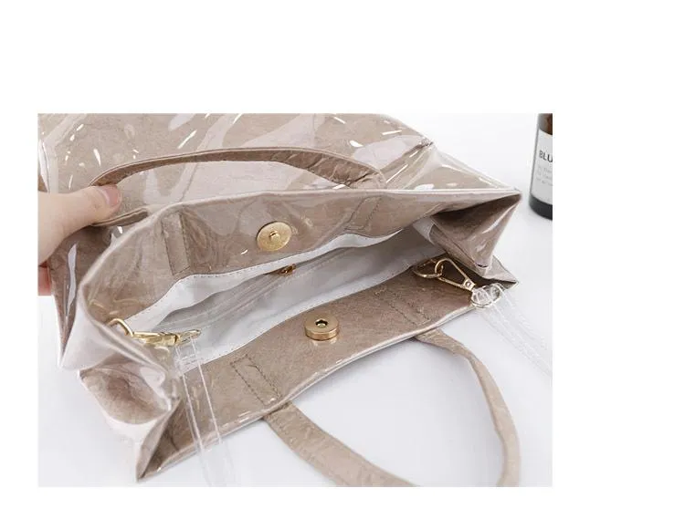 Kraft Paper Bag Letter Print Transparent Shoulder Bag Women Simple Waterproof Handbag Clear PVC Summer Beach Handbags Bolsos