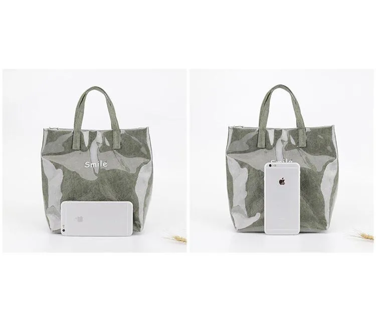 Kraft Paper Bag Letter Print Transparent Shoulder Bag Women Simple Waterproof Handbag Clear PVC Summer Beach Handbags Bolsos