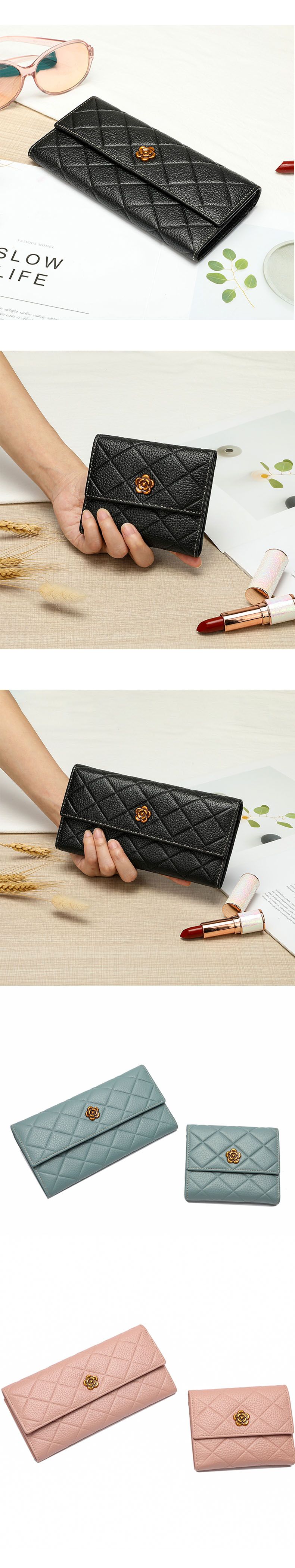 Long Cowhide Leather Purse Multi-Clip Clutch for Women