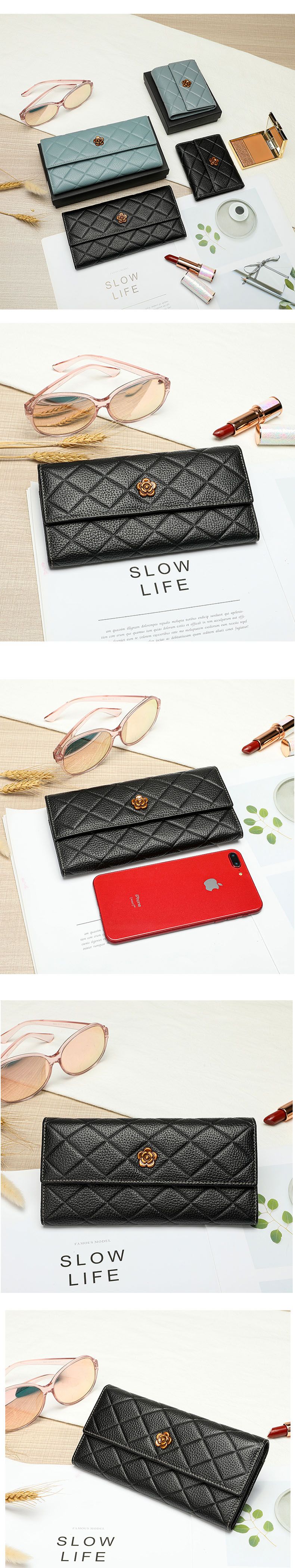 Long Cowhide Leather Purse Multi-Clip Clutch for Women