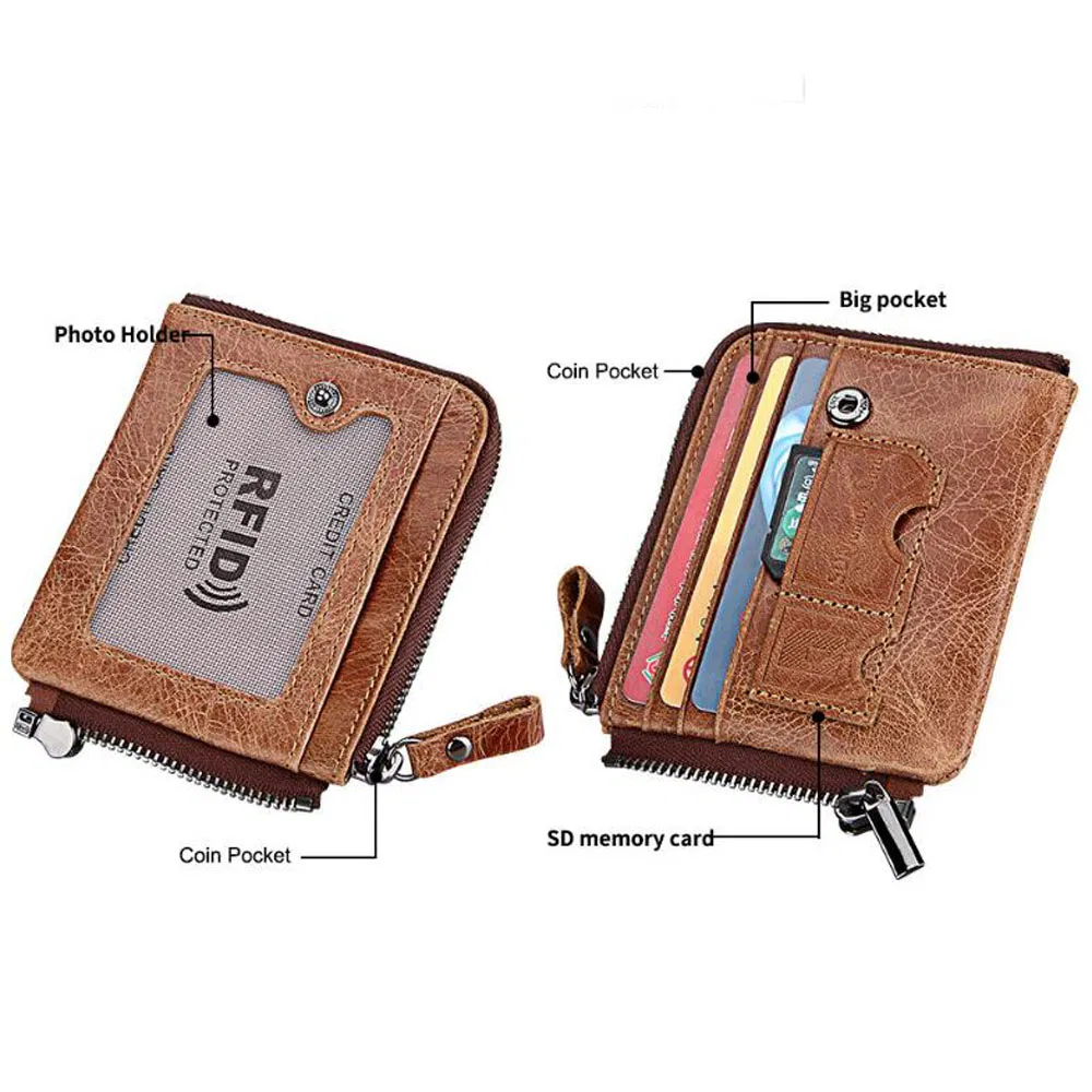 Men Handmade Crazy Horse Leather Wallet Detachable