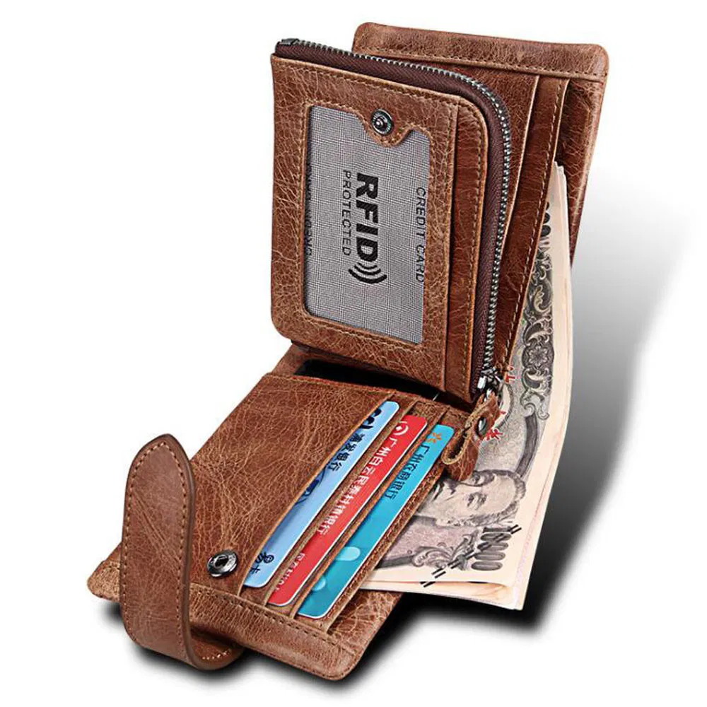 Men Handmade Crazy Horse Leather Wallet Detachable