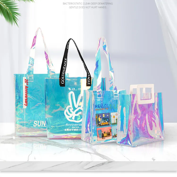 PVC Handbags Clear Laser Women Tote Beach Bag Transparent Fashion Customized Shinning Lady 1PC/Poly Bag Casual Tote Daily Used