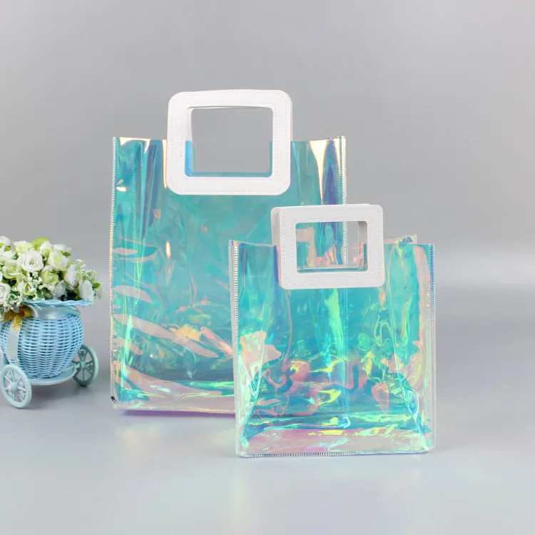 PVC Handbags Clear Laser Women Tote Beach Bag Transparent Fashion Customized Shinning Lady 1PC/Poly Bag Casual Tote Daily Used