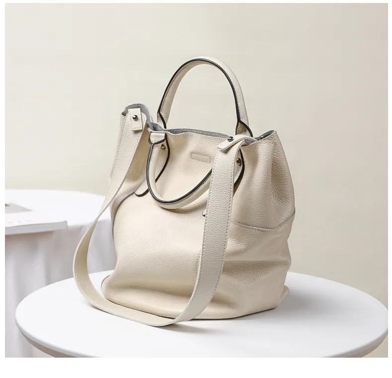Soft Pebbled Leather Raw Edge Bucket Tote Lady Handbag