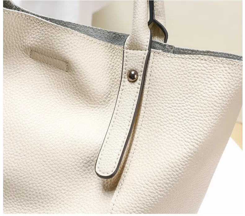 Soft Pebbled Leather Raw Edge Bucket Tote Lady Handbag