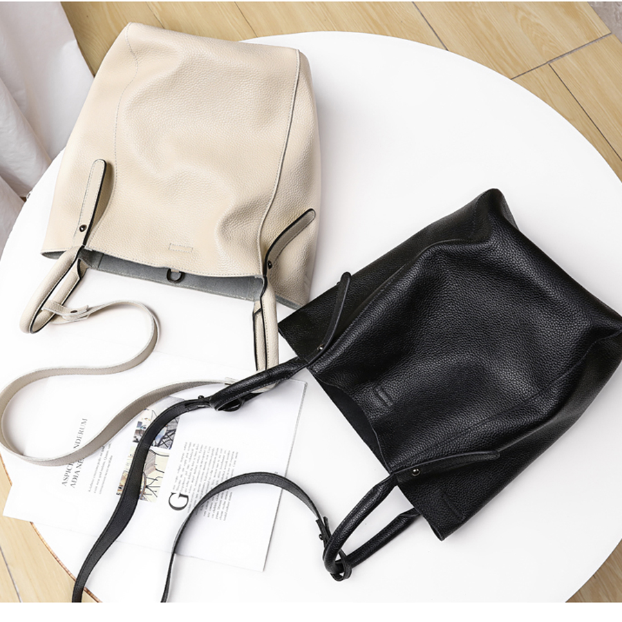 Soft Pebbled Leather Raw Edge Bucket Tote Lady Handbag