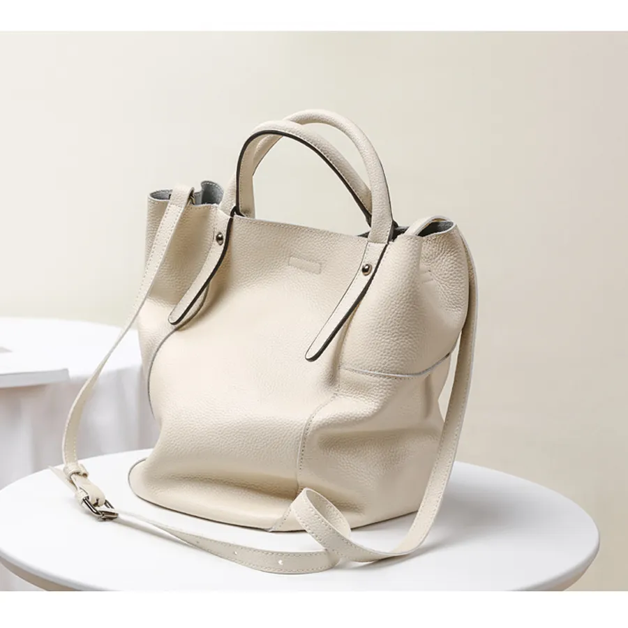 Soft Pebbled Leather Raw Edge Bucket Tote Lady Handbag